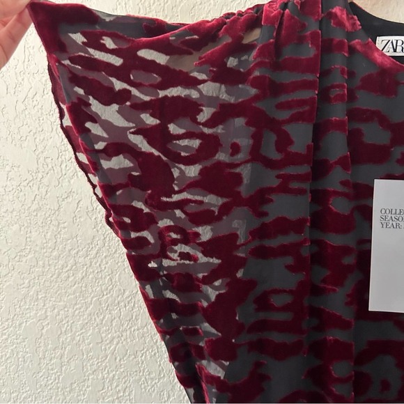 Zara Draped wine velvet mesh dress nwt women’s size XS - Picture 9 of 15